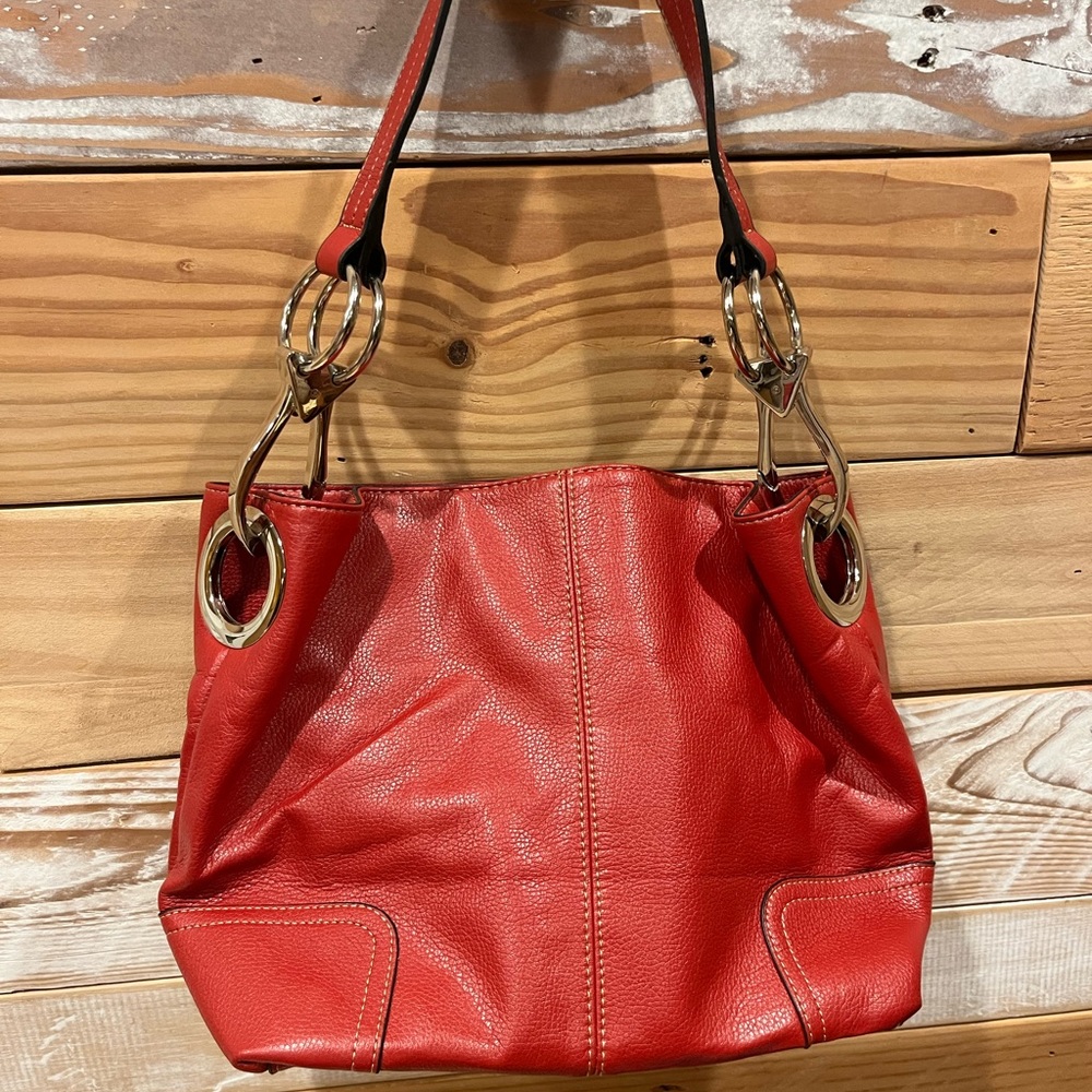 Red leather soft handbag chrome buckles